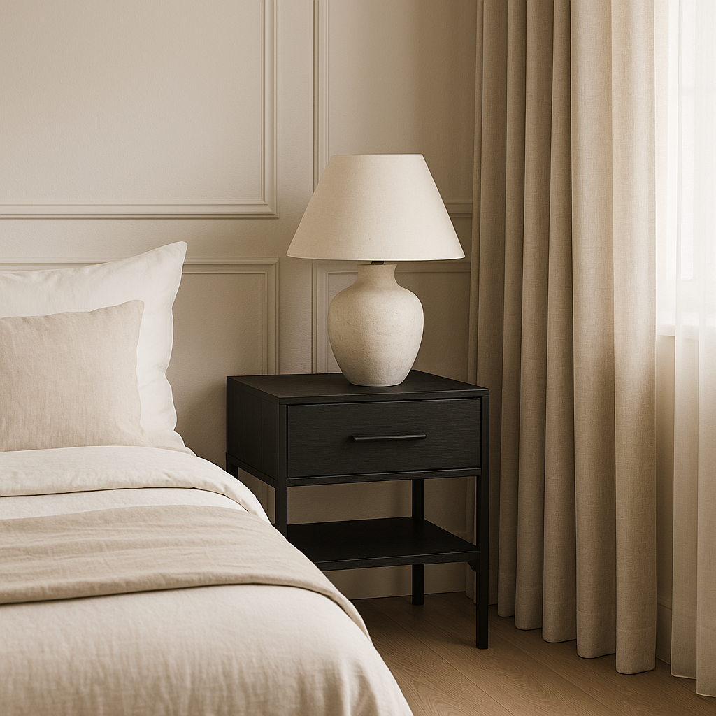 Introducing the Huxton Matte Black Bedside Table, a sleek and practical storage option featuring a single drawer and shelf. Its neutral finish and metal frame effortlessly complement any aesthetic, while its industrial design lends a contemporary feel to your bedroom.