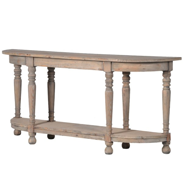 A Beautiful reclaimed pine Demi Lune wooden console table.&nbsp;

Dimensions:

&nbsp;H 83cm&nbsp;W 180cm D 45cm



35kgs