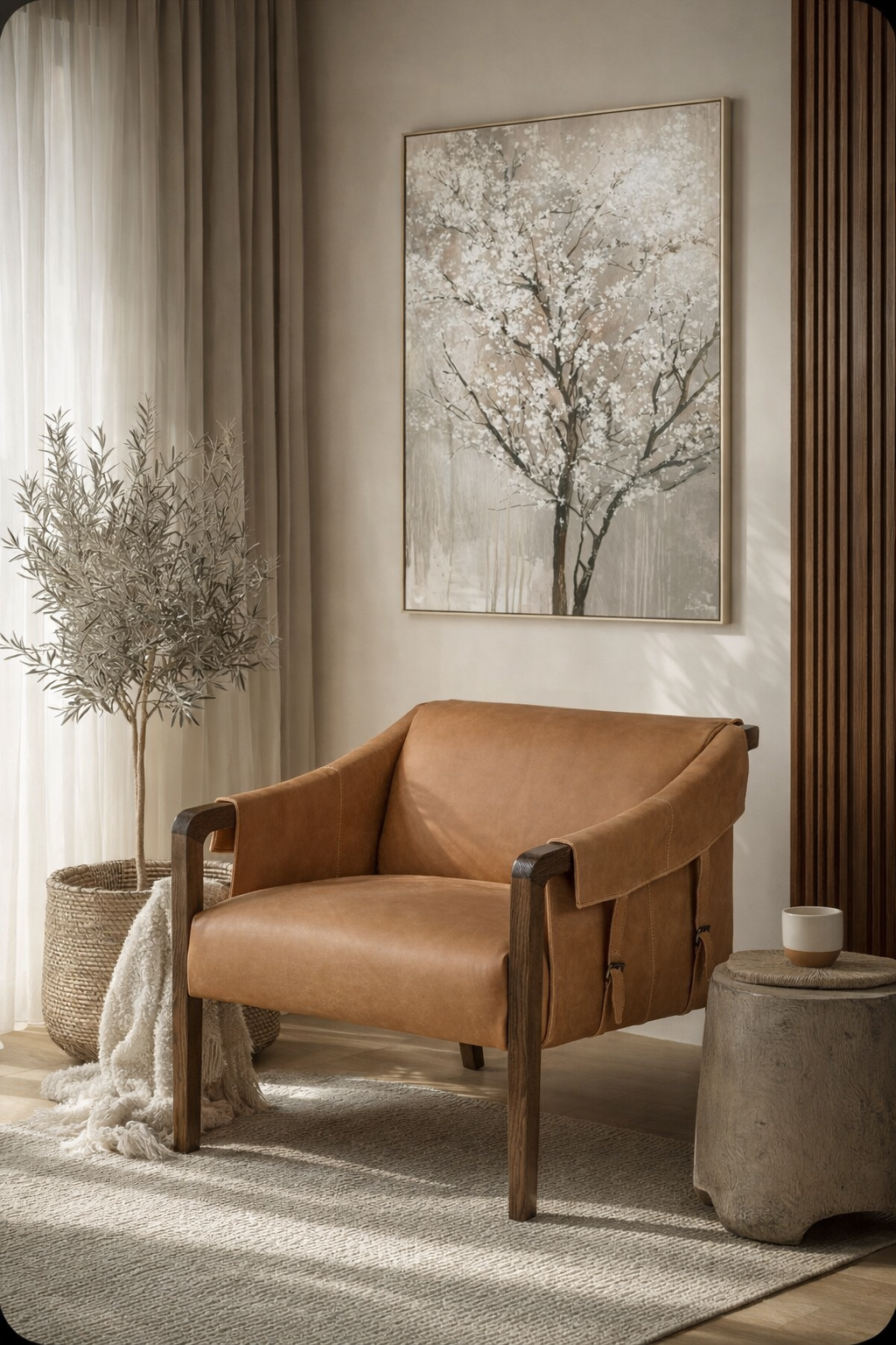 Brown leather armchair in a living room with a tree painting on the wall.