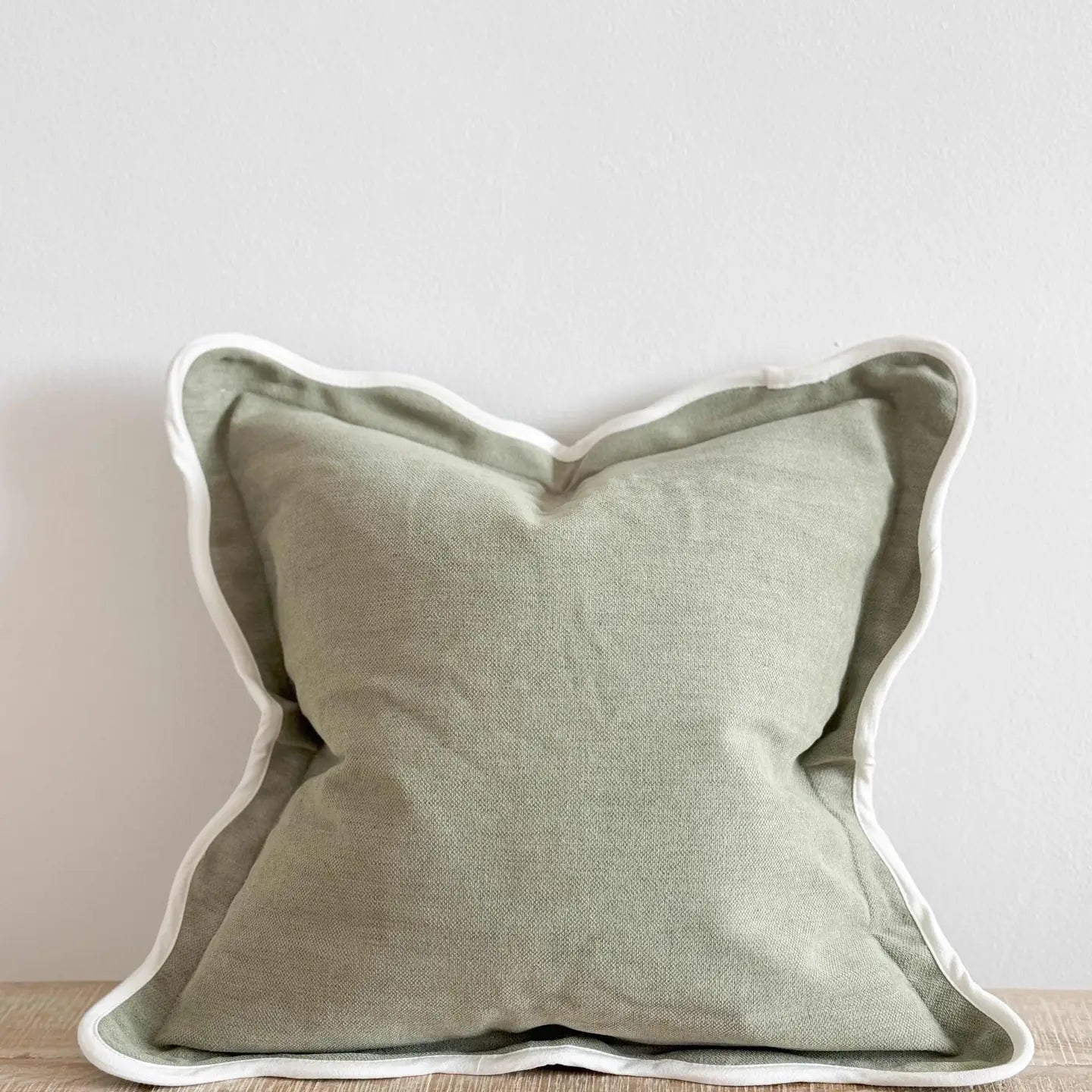 Sage plain poly cotton cushion cover 45cm square with scalloped edge and contrast trim