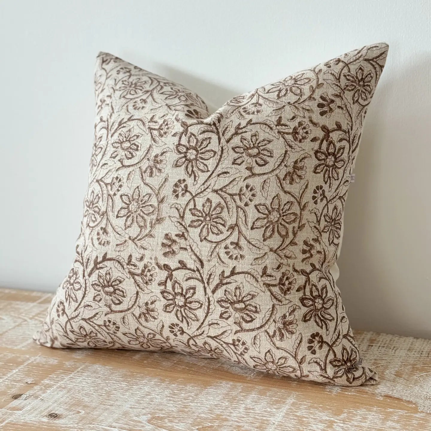 Laurel Brown patterned poly cotton cushion cover 45cm square with floral design and plain reverse