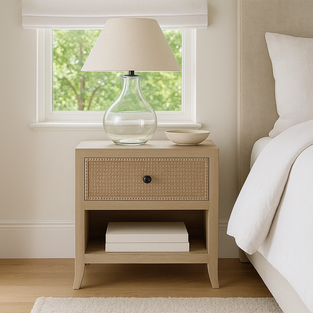 Open shelf oak bedside in front of bedroom window with glass lamp and ceramic bowl