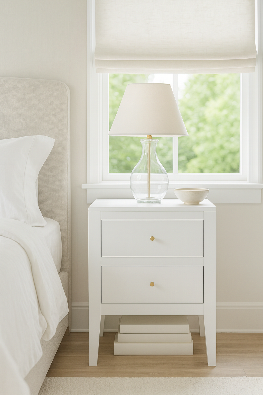 White bedside table underneath window with Roman blind and glass lamp 