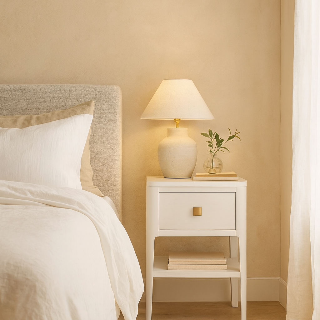 beautifully styled bedroom interior featuring a sleek white bedside table with a single drawer and brass square handle, designed in a modern timeless style. 