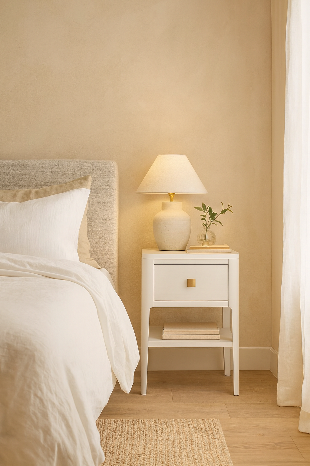 beautifully styled bedroom interior featuring a sleek white bedside table with a single drawer and brass square handle, designed in a modern timeless style. 