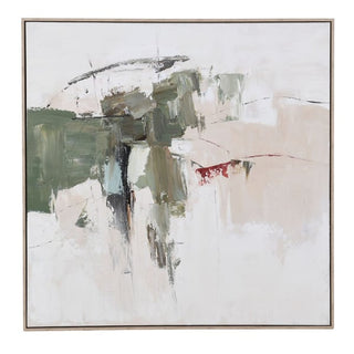 An abstract framed painting featuring textured brushstrokes in off-white, beige, sage green, gray, and a small red accent, enclosed in a thin light wood frame.