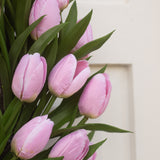 Pink tulips against a white door background