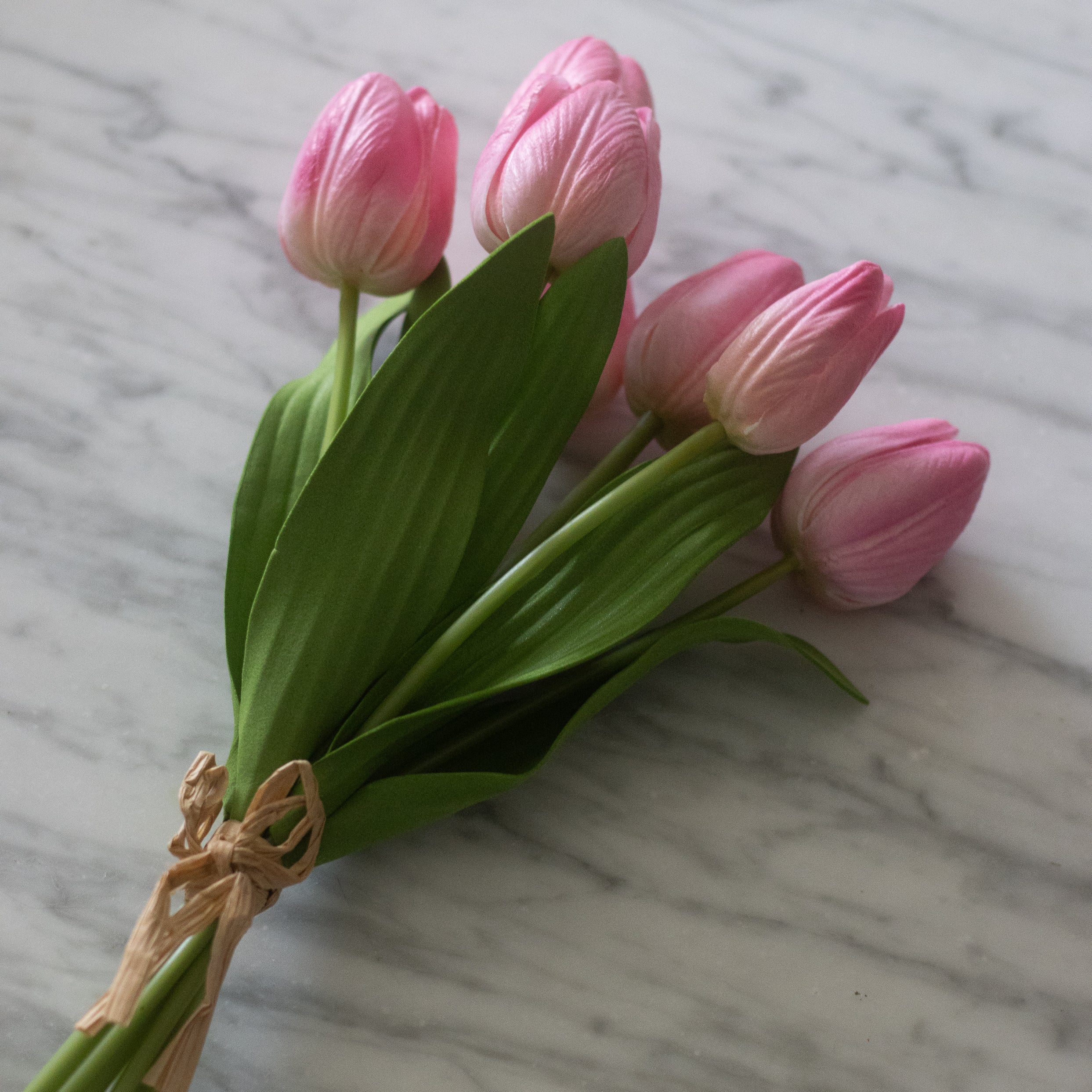 Bouquet of pink tulips tied with twine on a marble surface