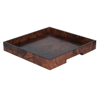 A square wooden tray with a rich, dark burl wood grain pattern, shown from a three-quarters perspective on a solid white background.