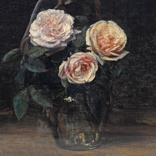 Impressionist-style oil painting of three pale pink and cream roses with green leaves in a dark vase against a dark background.