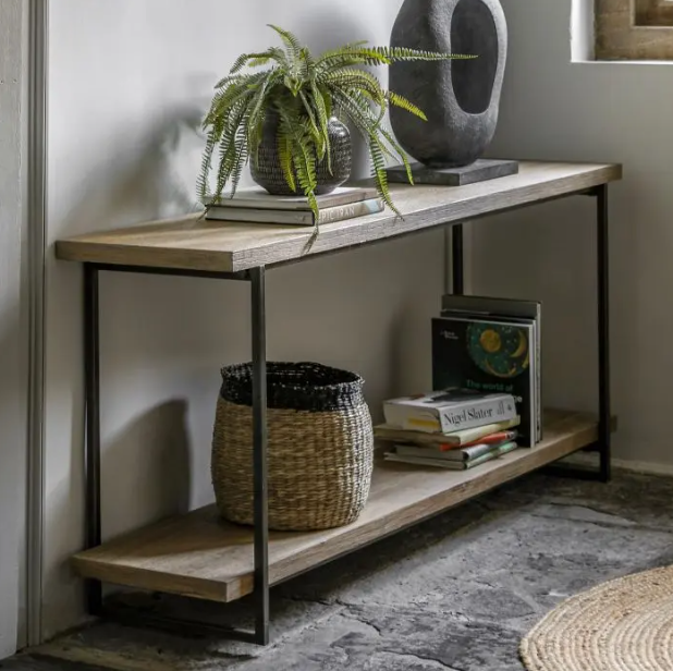 Industrial Console Table with Washed Wood Shelves and Black Metal Frame