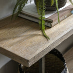 Close-up of light-washed elm veneer shelf with home décor and books