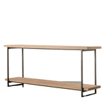 Industrial console table with light-washed wooden shelves and black metal frame