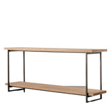 Industrial console table with light-washed wooden shelves and black metal frame