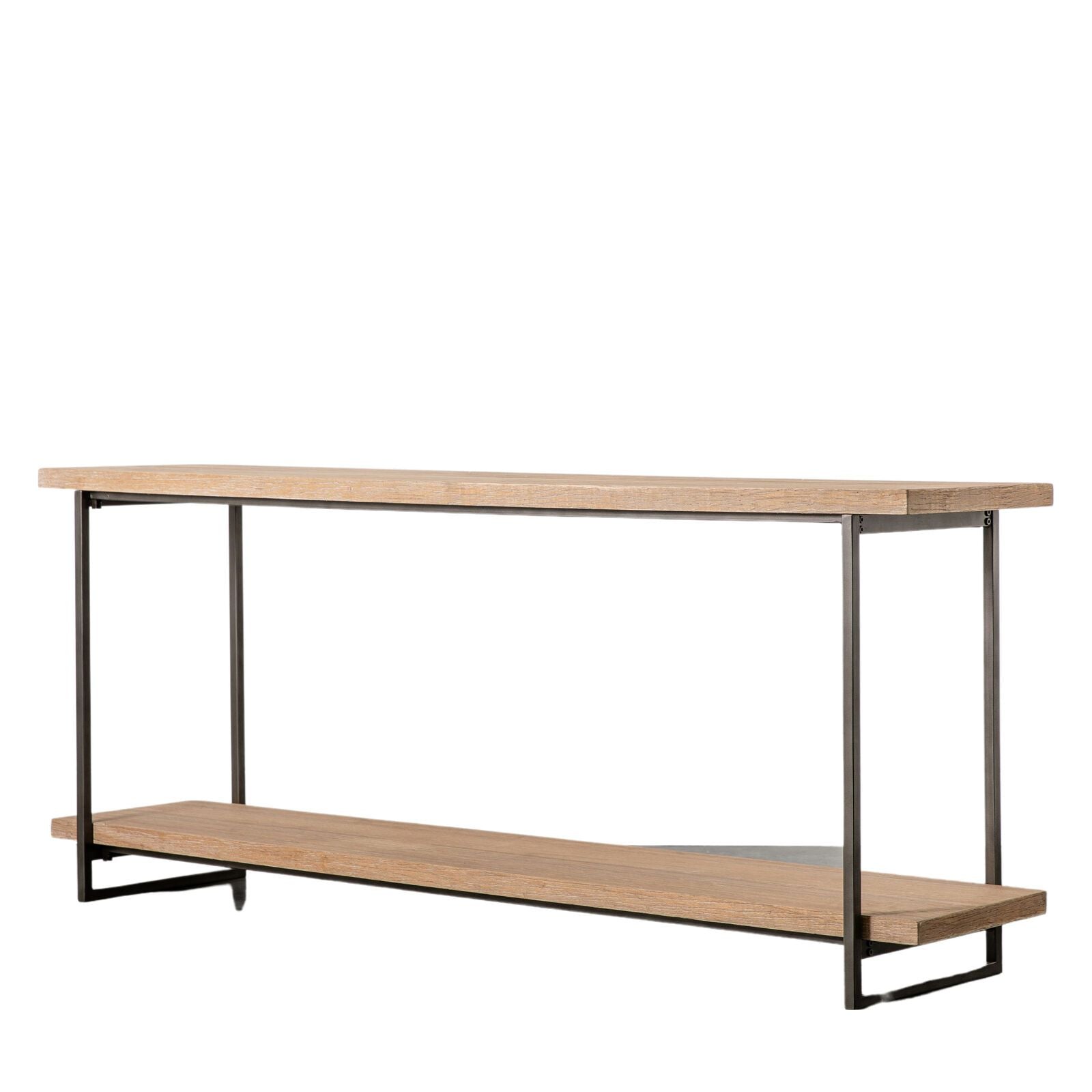 Industrial console table with light-washed wooden shelves and black metal frame