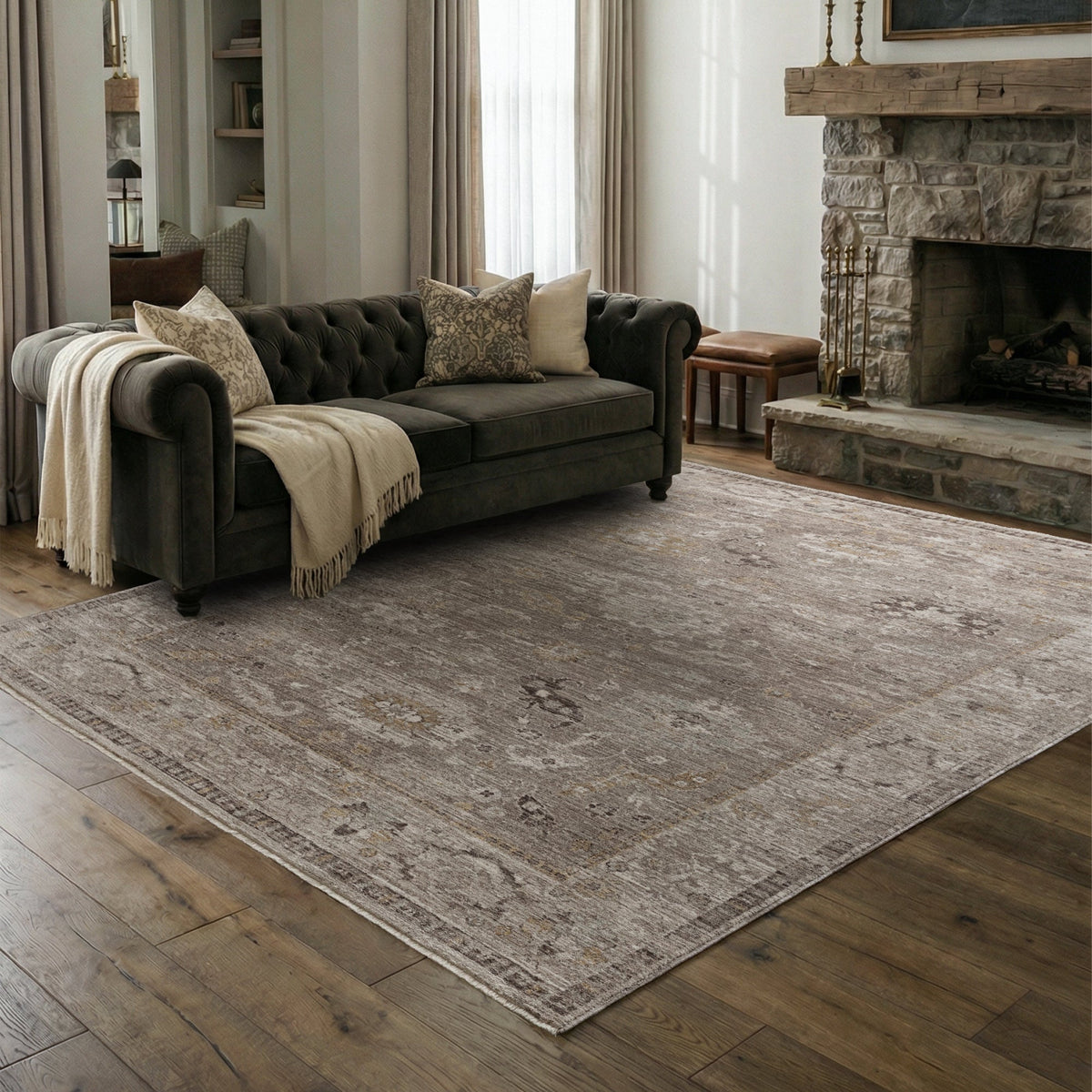Didmarton vintage style rug in taupe with traditional border, view 2