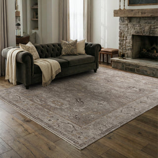 Didmarton vintage style rug in taupe with traditional border, view 2