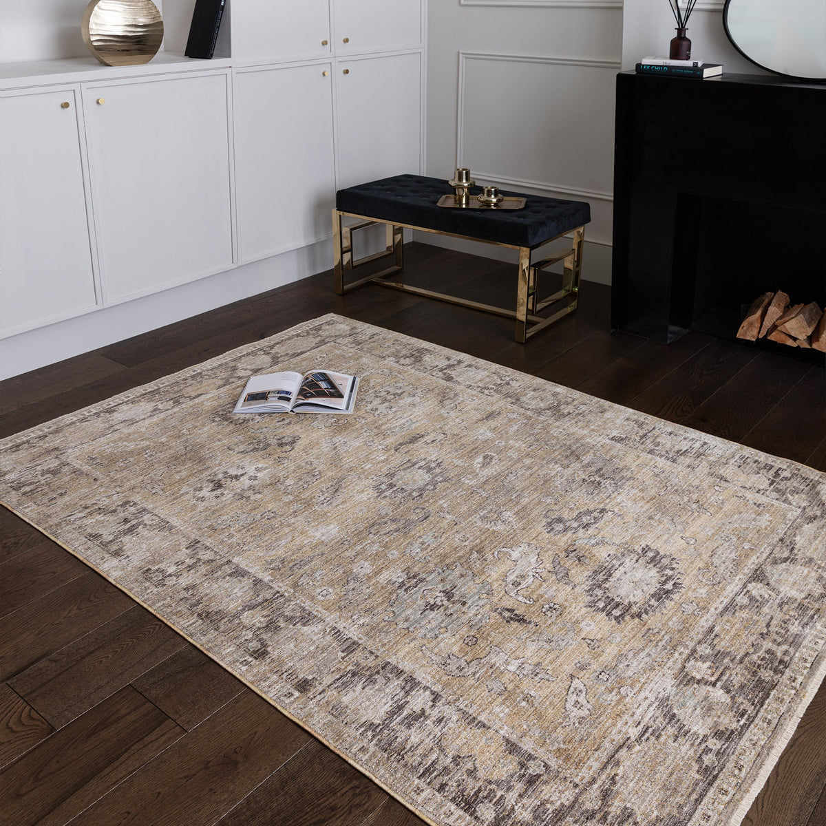 Didmarton vintage style rug in gold with traditional border, view 2