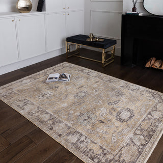 Didmarton vintage style rug in gold with traditional border, view 2