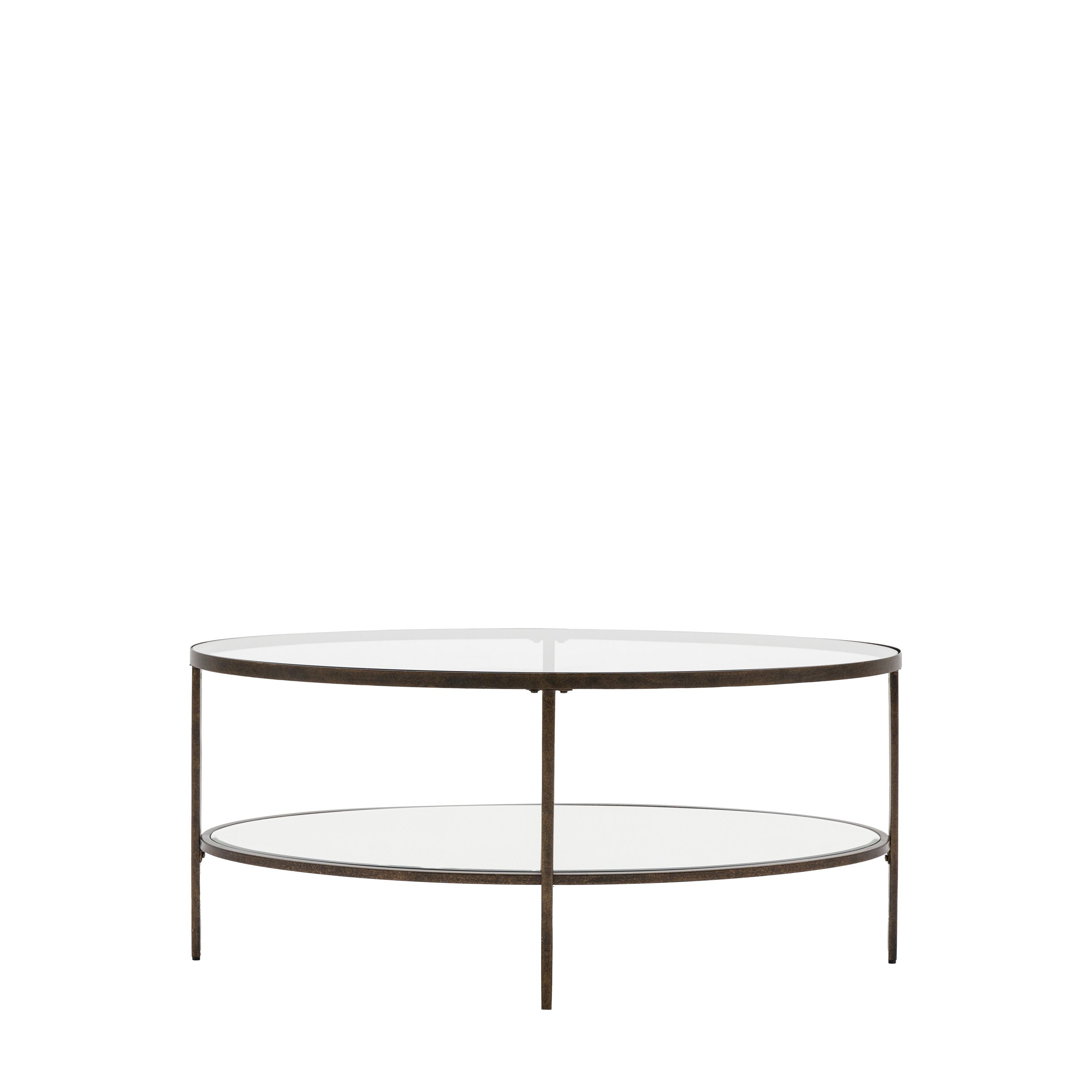 Jenner bronze glass coffee table with two tier oval glass shelves in a modern living room setting
