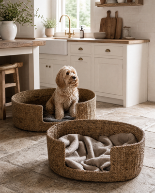 Two round woven dog beds on a stone floor in a bright kitchen, with a small fluffy dog sitting in one bed. The beds have natural wicker-style walls and soft neutral blankets inside.