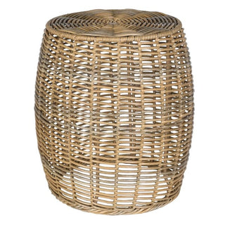 A natural woven rattan barrel stool with a round top and open lattice construction, shown on a plain white background.
