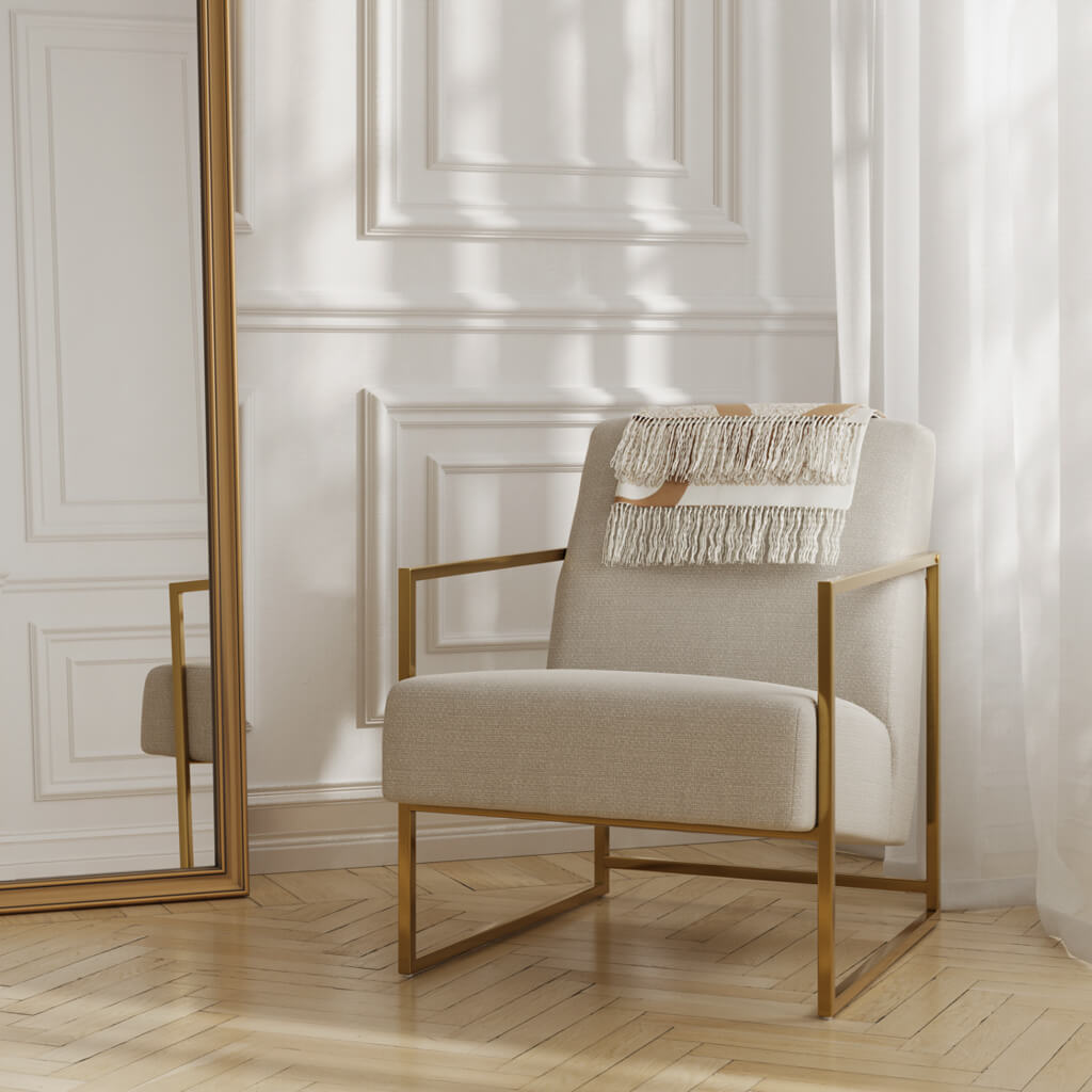 The Knightsbridge chair in Beige Tweed fabric features a sleek Gold Metal frame and a padded, comfortable seat. Designed for versatile multi-room use, it adds a touch of elegance to any space. Available in two colours to suit your style

Dimensions:&nbsp;

&nbsp;H 82cm&nbsp;W62.08cm&nbsp;D76cm

13kgs