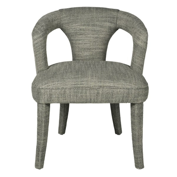 Indulge in the luxurious comfort of the Kristin Open Back Dining Chair, crafted with a woven textured fabric in a soft cream hue with subtle hints of moss green. Elevate your dining experience with this sophisticated and exclusive piece.