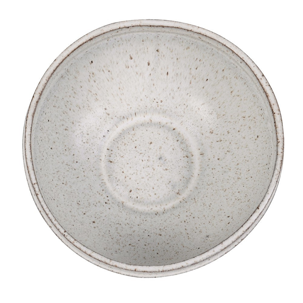 Lulworth stoneware bowl from above showing speckled cream reactive glaze and brown flecking