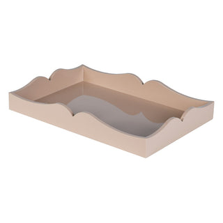 A rectangular tray with scalloped edges in a light beige wood finish, shown from an elevated angle on a plain white background.