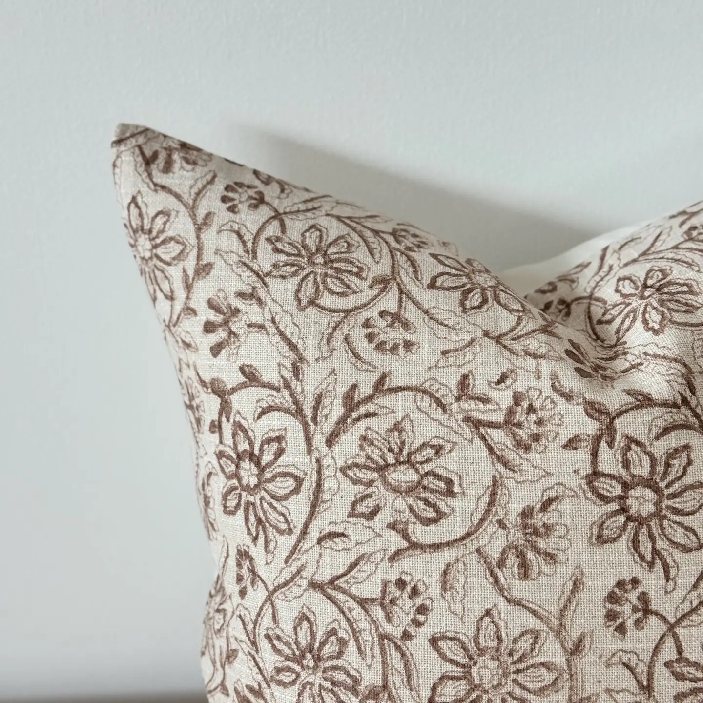 Laurel Brown patterned poly cotton cushion cover 45cm square with floral design and plain reverse