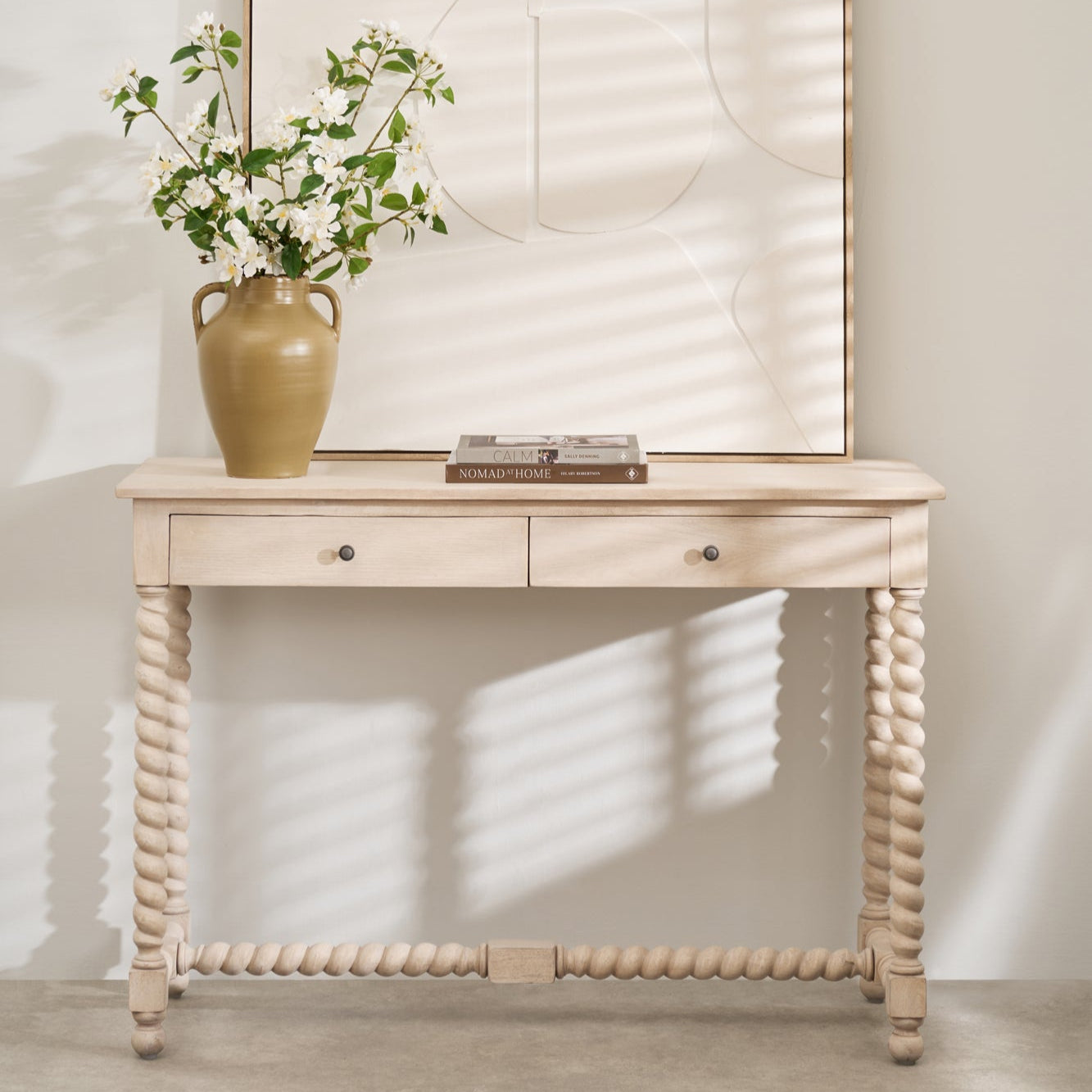 Longbourn Console Table drawer detail in natural acacia wood