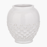 White lotus ceramic vase with woven pattern on a white background