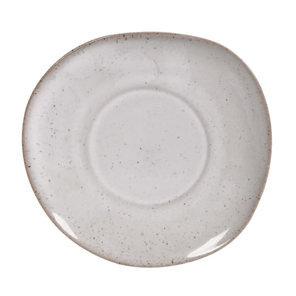 Top-down view of a Lulworth saucer, showing the subtly organic hand-finished edge and central cup well in reactive cream-white glaze