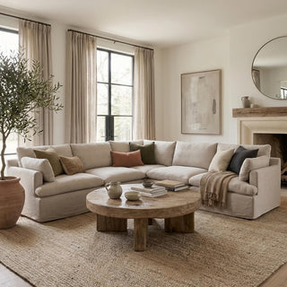 Lulworth reclaimed oak coffee table styled in a neutral living room with a linen sofa