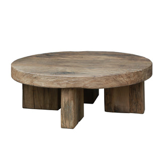 Lulworth rustic reclaimed European oak coffee table, angled view showing block legs