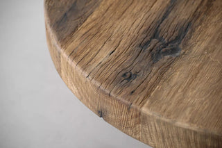  Close-up of the Lulworth coffee table's reclaimed oak grain, knots and mineral marks