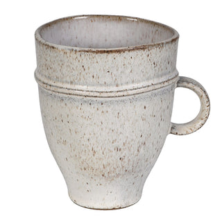 Lulworth speckled stoneware mug showing ridged band, rounded handle and tapered footed body