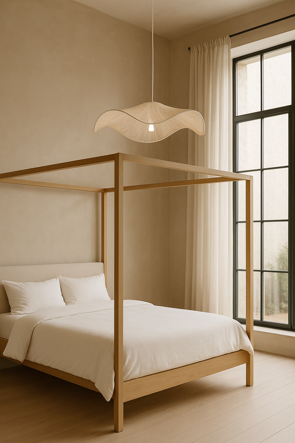 Wooden canopy bed in a bedroom with large windows and neutral decor.