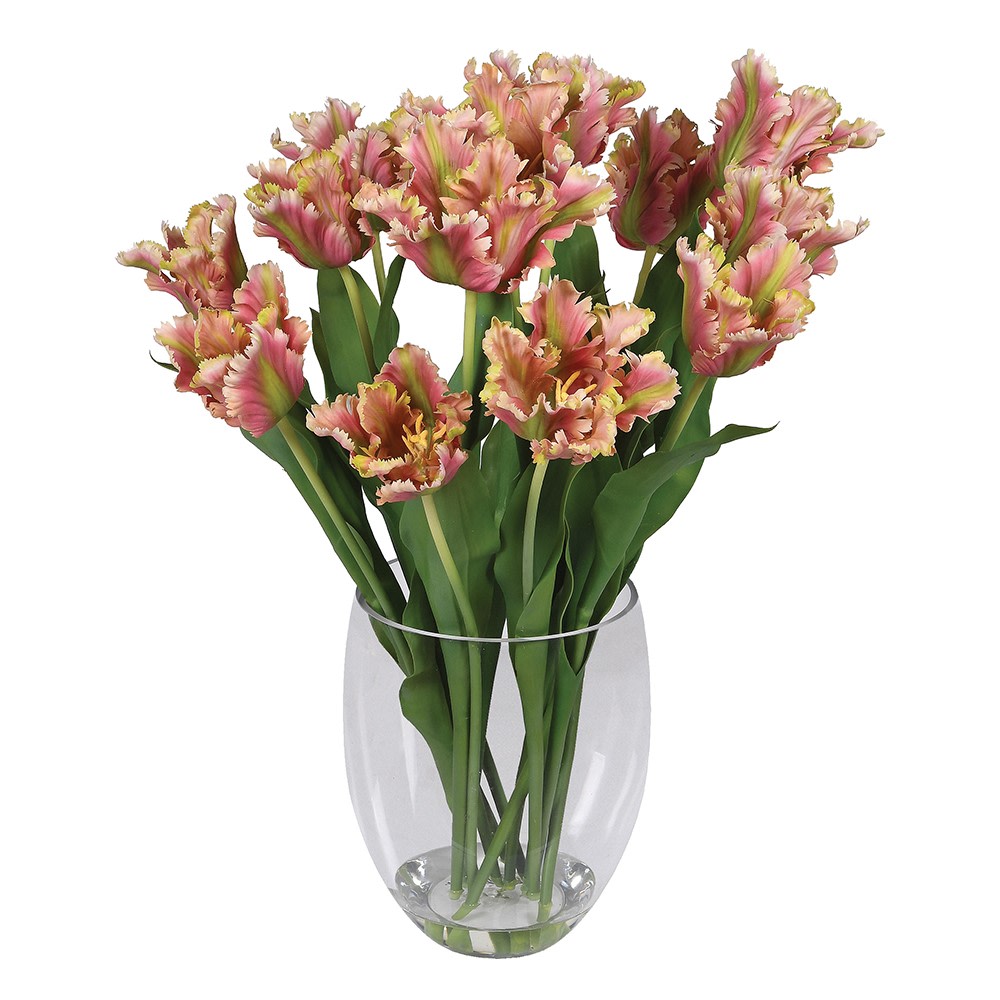 Luxury Faux Pink Parrot Tulip Arrangement | Complete with Glass Vase