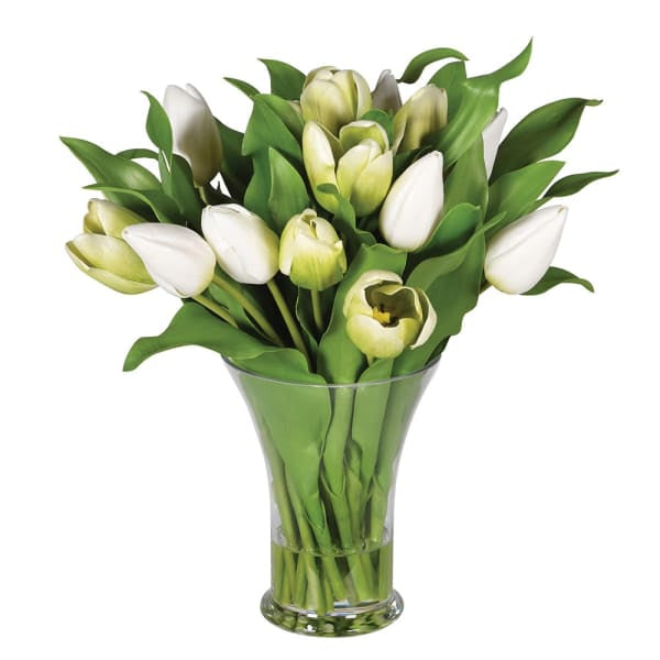 elegance of our luxury faux tulip Arrangement Complete with a stunning glass Vase. Featuring a mixture of open and closed white and green gorgeous tulips which feel real to the touch in a sleek glass vase, perfect for spring.