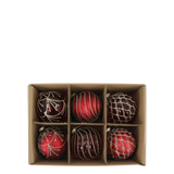 Set of six red and brown Christmas ornaments in a cardboard box on a white background