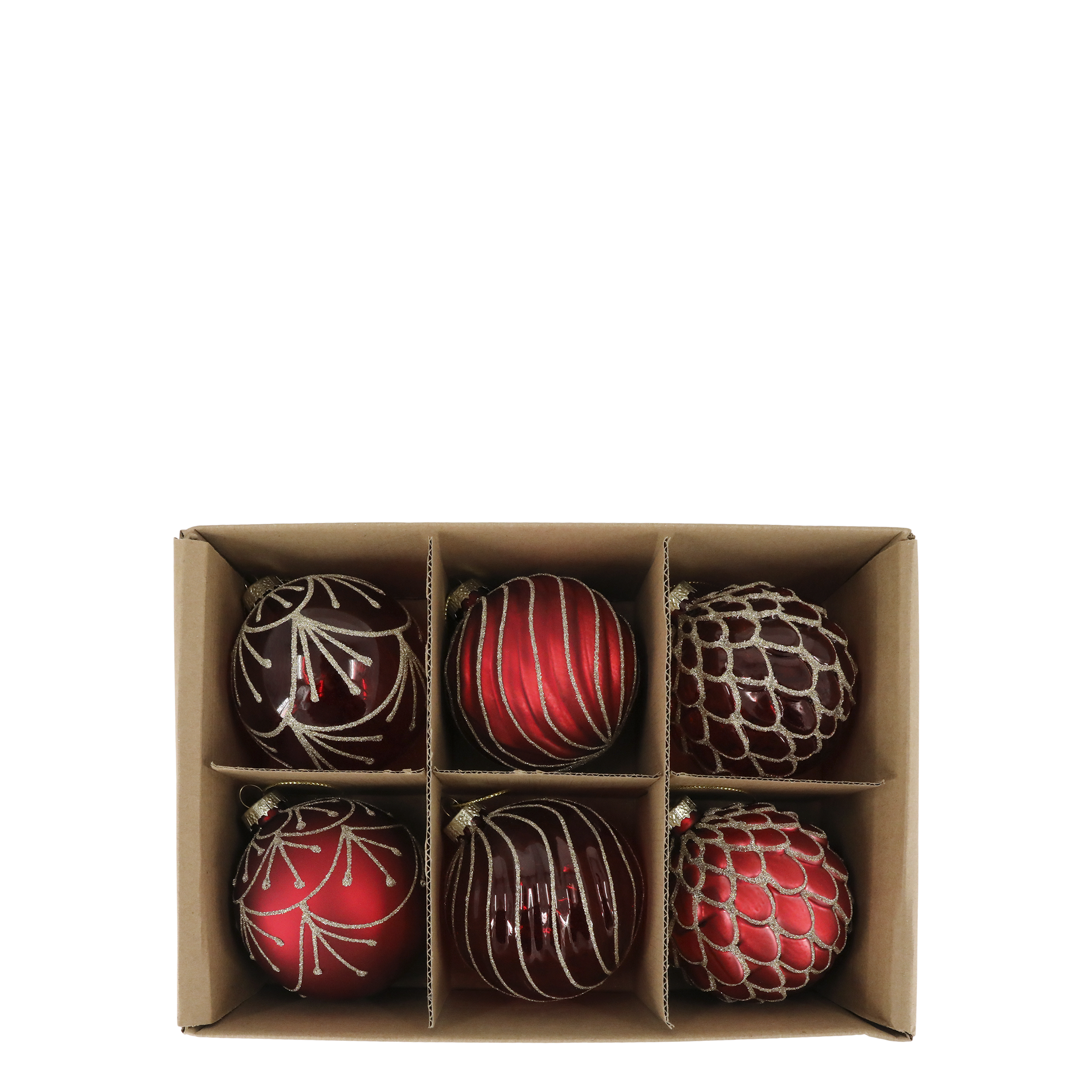 Set of six red and brown Christmas ornaments in a cardboard box on a white background