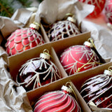 Decorative Christmas ornaments in a box with a festive background