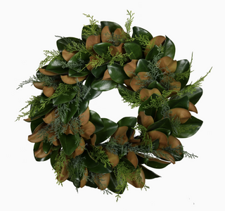 61cm faux magnolia wreath with glossy green leaves and brown undersides