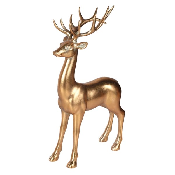 Majestic golden reindeer figurine standing tall with detailed antlers