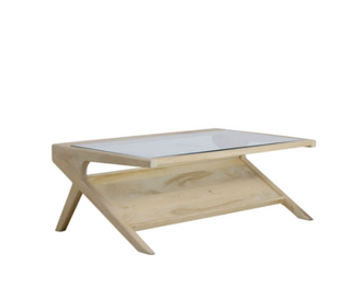 A light natural wood coffee table with a clear glass top and a lower open shelf, shown against a plain white background.