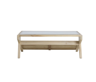A light natural wood coffee table with a clear glass top and an open lower shelf, shown against a plain white background.