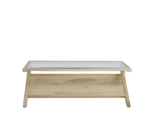 Detail of Malmo coffee table recessed glass-inset top within pale mango wood frame