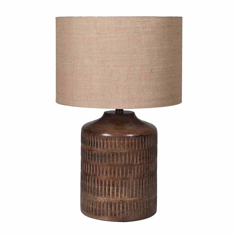Mango Wood Table Lamp with Natural Linen Shade on White Background